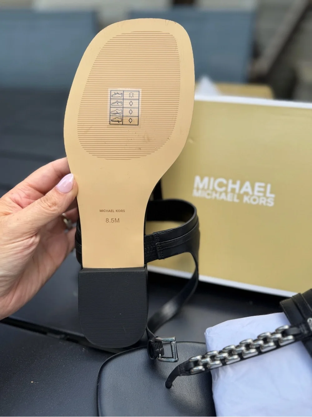 Michael Kors Black Leather Men's Sandals with Silver Chain Accent